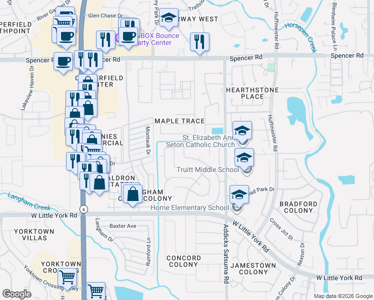 map of restaurants, bars, coffee shops, grocery stores, and more near 6619 York Hampton Drive in Houston