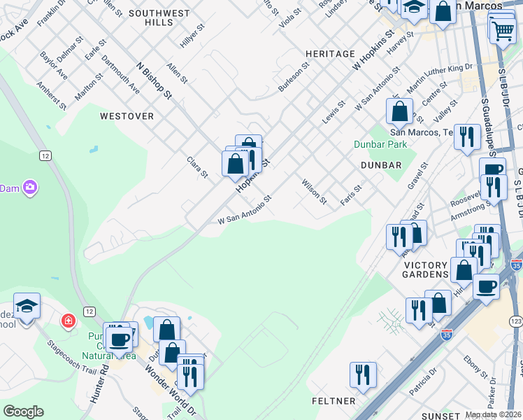 map of restaurants, bars, coffee shops, grocery stores, and more near 1319 West San Antonio Street in San Marcos
