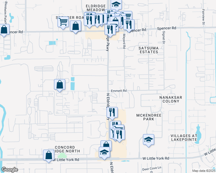 map of restaurants, bars, coffee shops, grocery stores, and more near 6813 North Eldridge Parkway in Houston