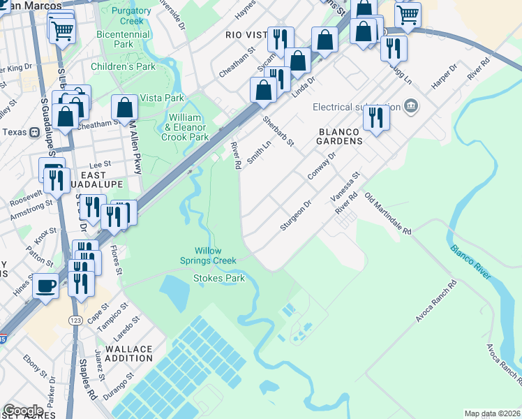 map of restaurants, bars, coffee shops, grocery stores, and more near 612 Barbara Dr in San Marcos