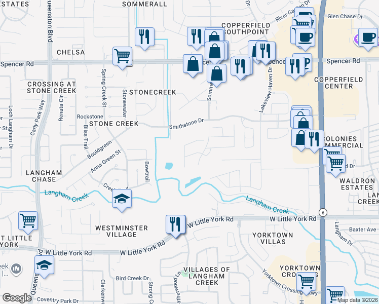 map of restaurants, bars, coffee shops, grocery stores, and more near 16326 Brookside Willow Lane in Houston