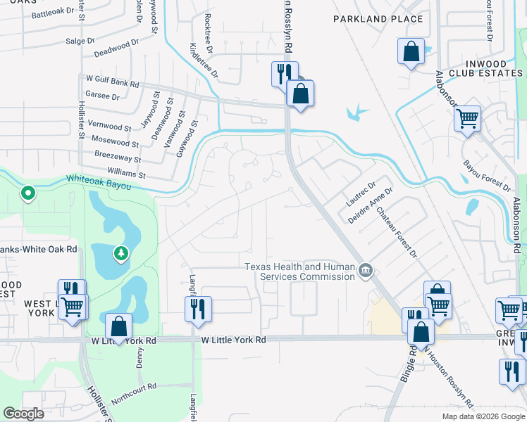 map of restaurants, bars, coffee shops, grocery stores, and more near 9015 Stone Brook Lane in Houston