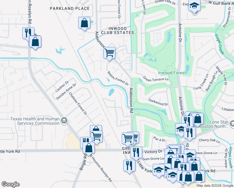 map of restaurants, bars, coffee shops, grocery stores, and more near 7039 Bent Branch Drive in Houston