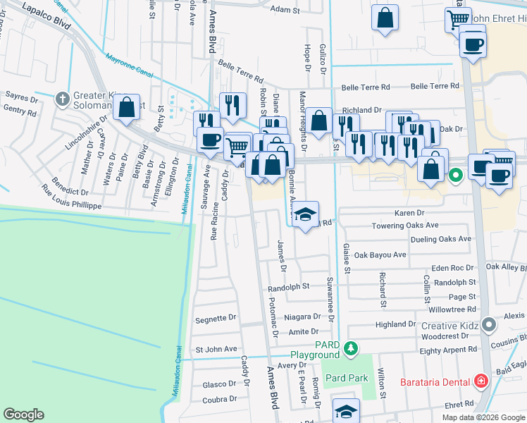 map of restaurants, bars, coffee shops, grocery stores, and more near 5559 Jordan Drive in Marrero