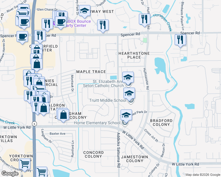 map of restaurants, bars, coffee shops, grocery stores, and more near 6618 Readsland Lane in Houston