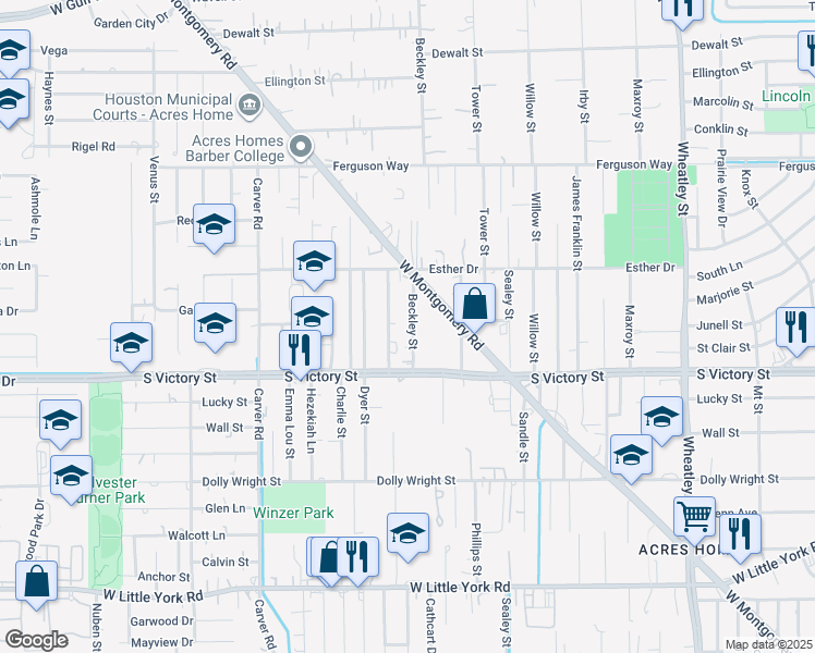 map of restaurants, bars, coffee shops, grocery stores, and more near 7827 Beckley Street in Houston