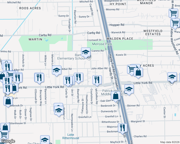 map of restaurants, bars, coffee shops, grocery stores, and more near 11820 Cardiff Road in Houston