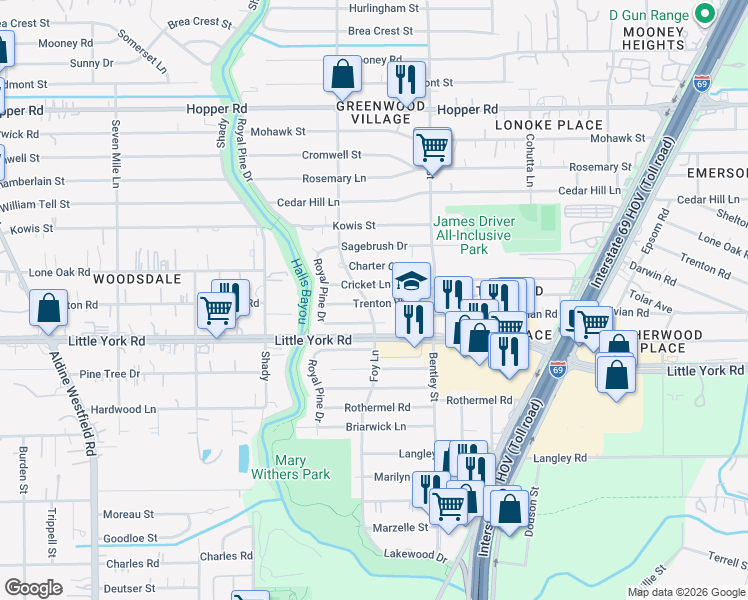 map of restaurants, bars, coffee shops, grocery stores, and more near 2935 Trenton Road in Houston