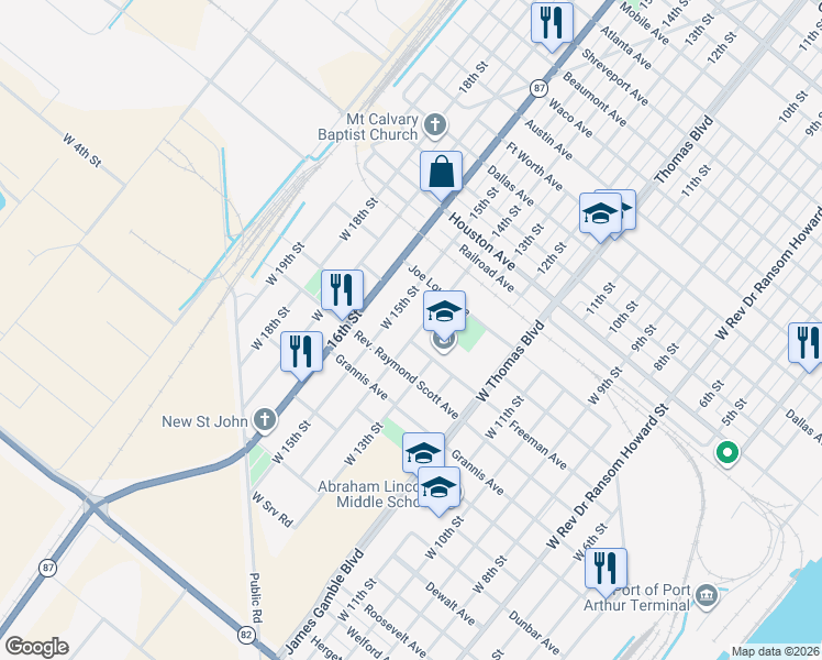 map of restaurants, bars, coffee shops, grocery stores, and more near 445 West 14th Street in Port Arthur