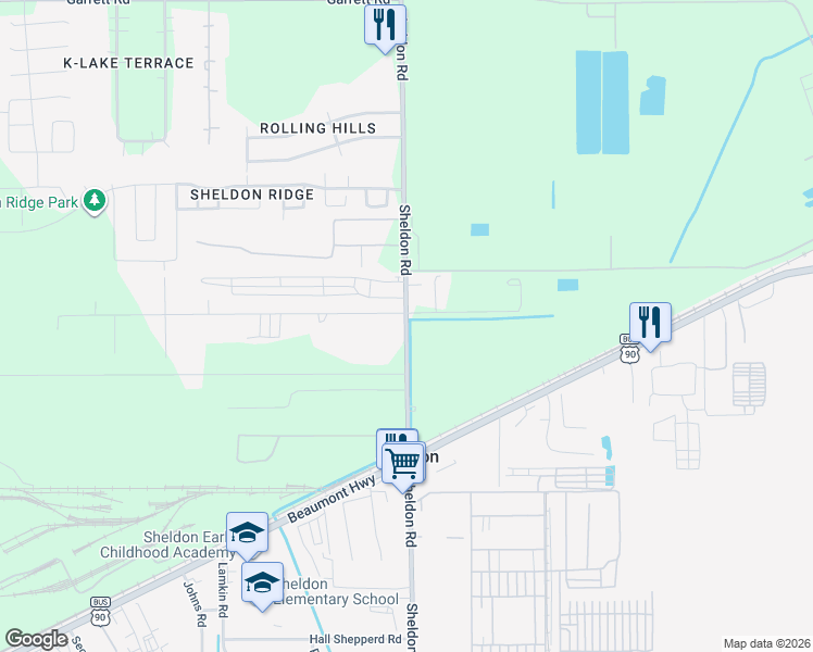 map of restaurants, bars, coffee shops, grocery stores, and more near 10878 Sheldon Road in Houston