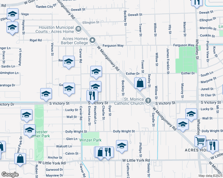 map of restaurants, bars, coffee shops, grocery stores, and more near 7838 Dyer Street in Houston