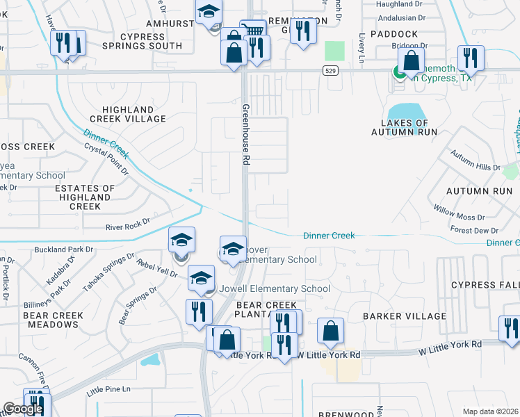 map of restaurants, bars, coffee shops, grocery stores, and more near 6543 Dogwood Park Lane in Katy