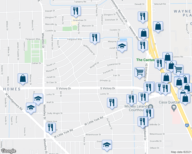 map of restaurants, bars, coffee shops, grocery stores, and more near 7817 De Priest Street in Houston
