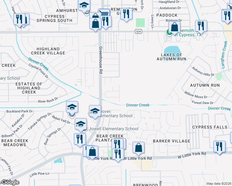 map of restaurants, bars, coffee shops, grocery stores, and more near 6511 Dogwood Park Lane in Katy