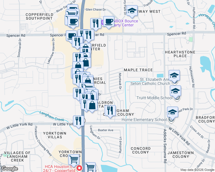 map of restaurants, bars, coffee shops, grocery stores, and more near 6623 Kentwick Drive in Houston
