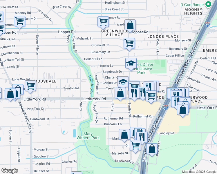 map of restaurants, bars, coffee shops, grocery stores, and more near 2935 Trenton Road in Houston