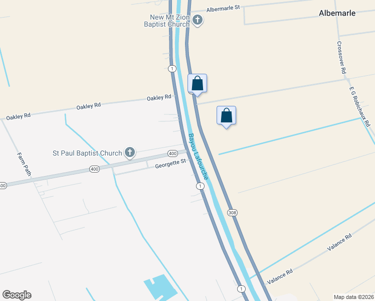 map of restaurants, bars, coffee shops, grocery stores, and more near 104 Louisiana 400 in Napoleonville