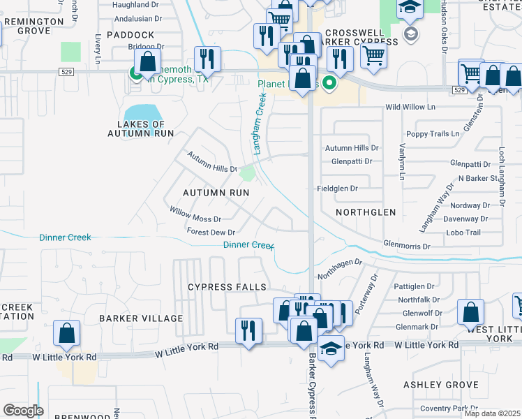 map of restaurants, bars, coffee shops, grocery stores, and more near 6710 Bluebottle Lane in Katy