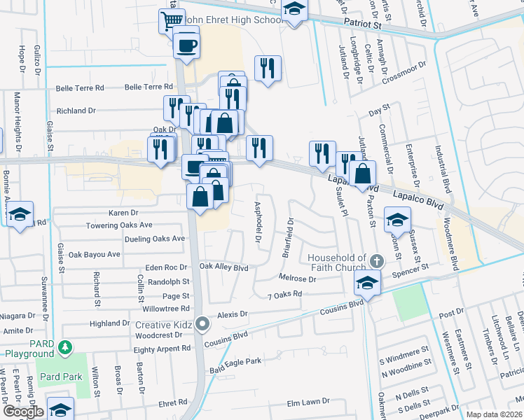 map of restaurants, bars, coffee shops, grocery stores, and more near 30 Oak Alley Boulevard in Marrero