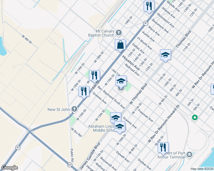 map of restaurants, bars, coffee shops, grocery stores, and more near 445 West 14th Street in Port Arthur