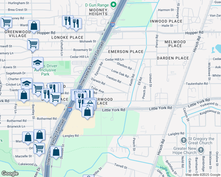 map of restaurants, bars, coffee shops, grocery stores, and more near 4216 Darwin Road in Houston