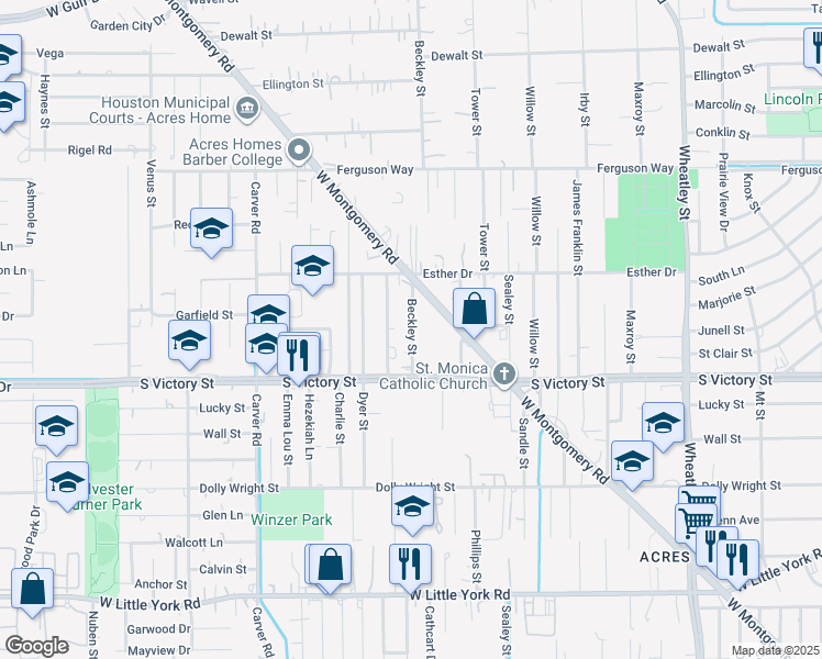 map of restaurants, bars, coffee shops, grocery stores, and more near 7827 Beckley Street in Houston