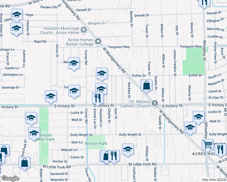 map of restaurants, bars, coffee shops, grocery stores, and more near 7838 Dyer Street in Houston
