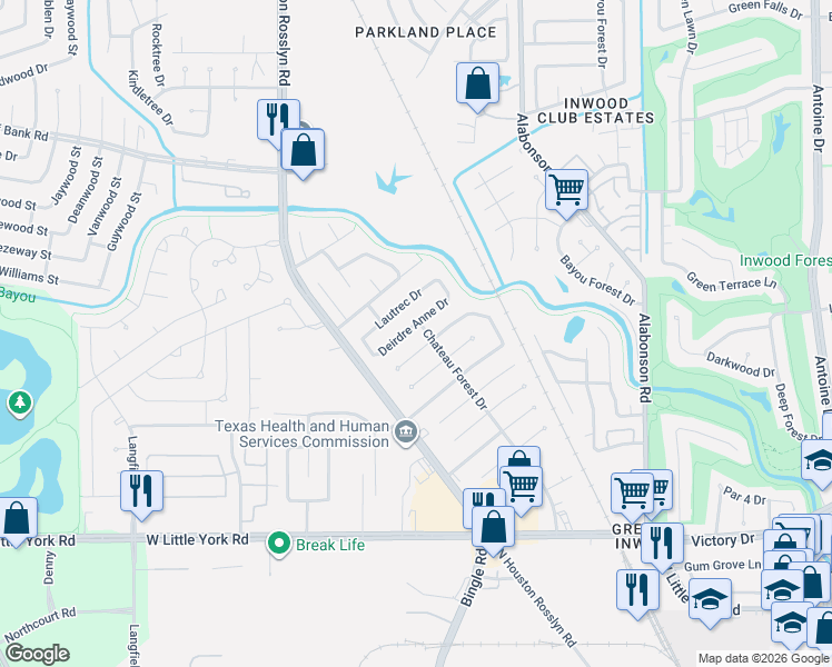 map of restaurants, bars, coffee shops, grocery stores, and more near 6418 Deirdre Anne Drive in Houston