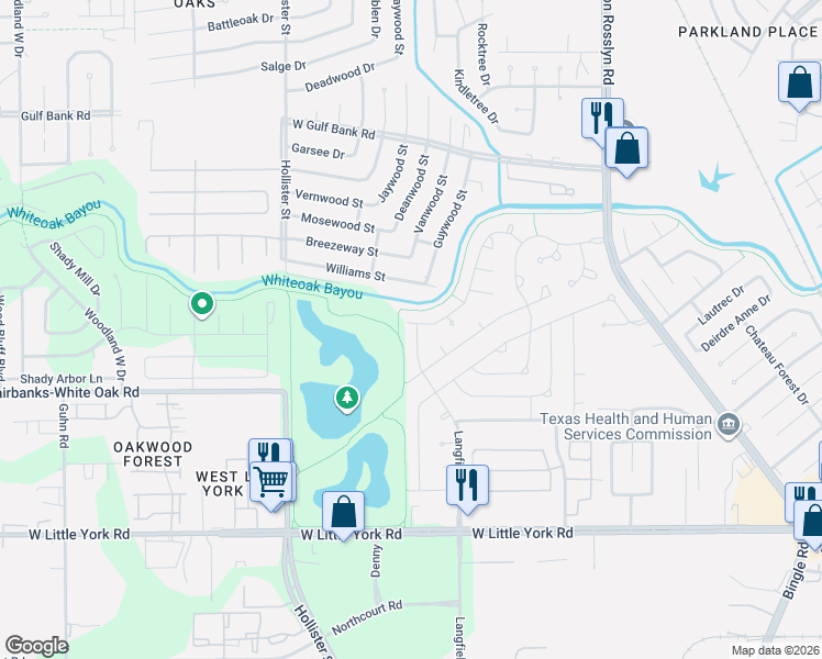 map of restaurants, bars, coffee shops, grocery stores, and more near 9015 Langfield Road in Houston