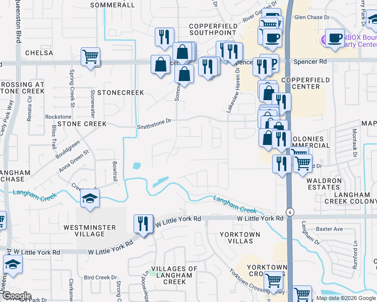 map of restaurants, bars, coffee shops, grocery stores, and more near 16123 Sommerall Creek Lane in Houston