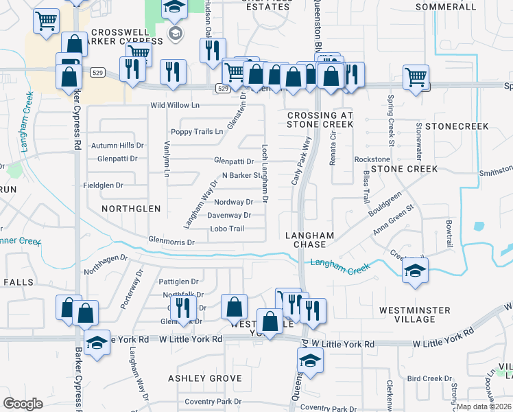 map of restaurants, bars, coffee shops, grocery stores, and more near 6538 Loch Langham Drive in Houston