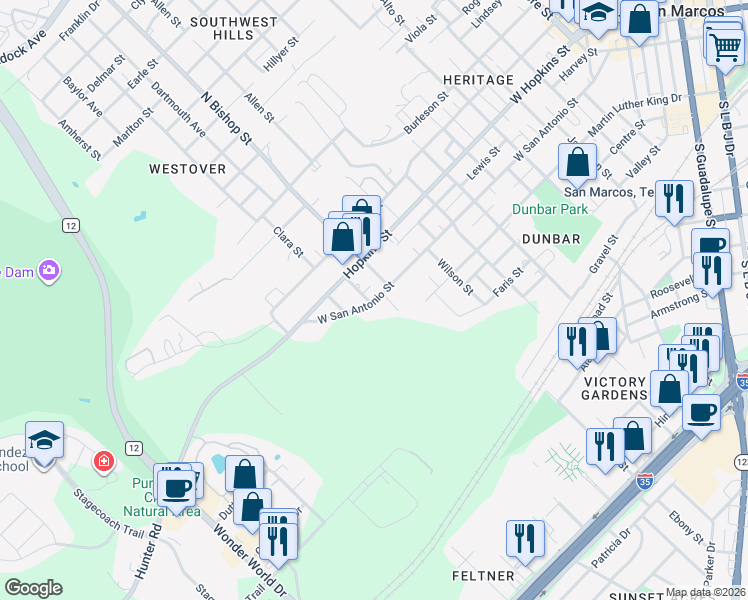 map of restaurants, bars, coffee shops, grocery stores, and more near 1319 West San Antonio Street in San Marcos