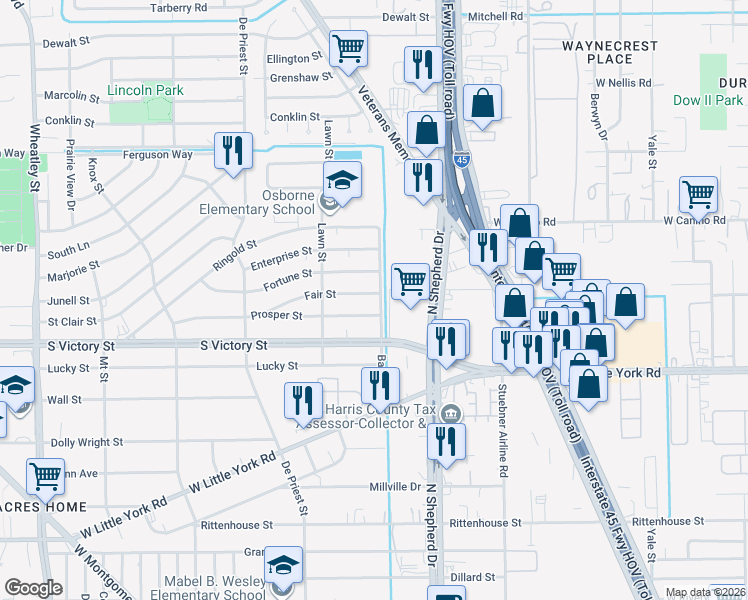 map of restaurants, bars, coffee shops, grocery stores, and more near 751 Fair Street in Houston