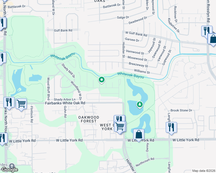 map of restaurants, bars, coffee shops, grocery stores, and more near 9102 Long Barrel Lane in Houston