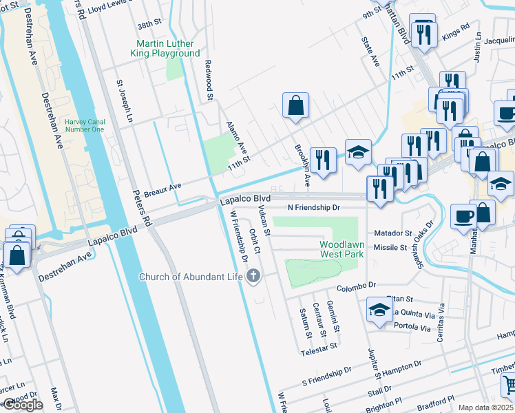 map of restaurants, bars, coffee shops, grocery stores, and more near 2300 West Friendship Drive in Harvey