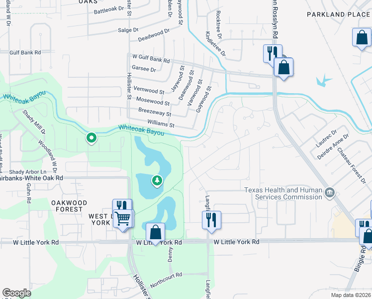 map of restaurants, bars, coffee shops, grocery stores, and more near 9015 Langfield Road in Houston