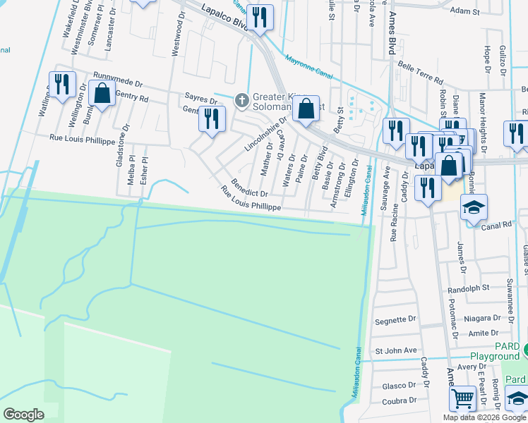 map of restaurants, bars, coffee shops, grocery stores, and more near 6549 Rue Louis Phillippe in Marrero