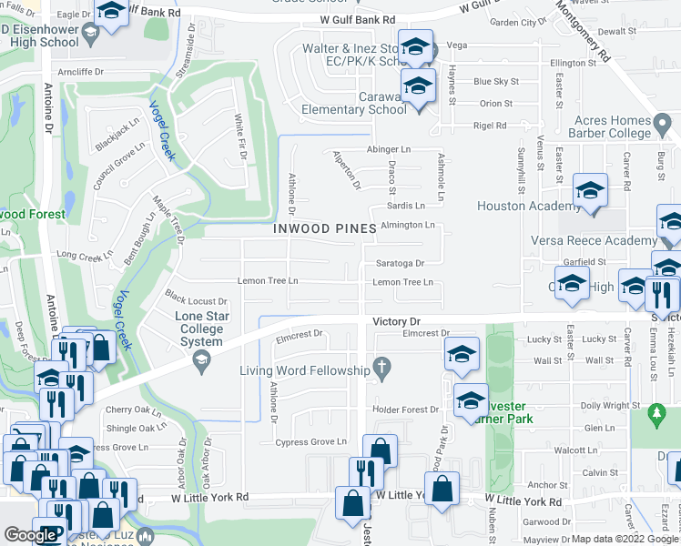 map of restaurants, bars, coffee shops, grocery stores, and more near 7507 Lemon Tree Circle in Houston