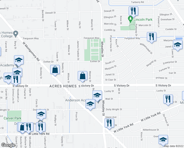 map of restaurants, bars, coffee shops, grocery stores, and more near 7822 Maxroy Street in Houston