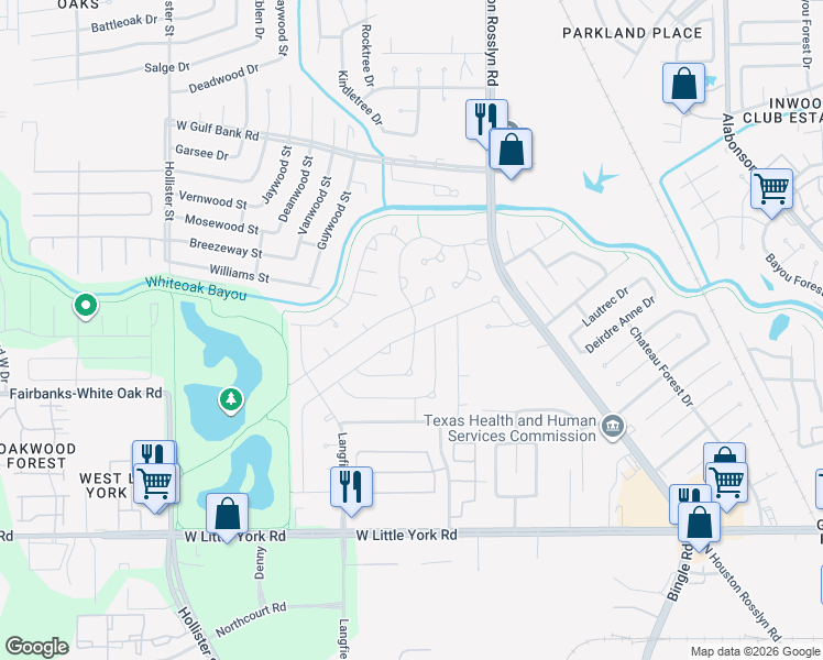 map of restaurants, bars, coffee shops, grocery stores, and more near 9101 Landwood Drive in Houston