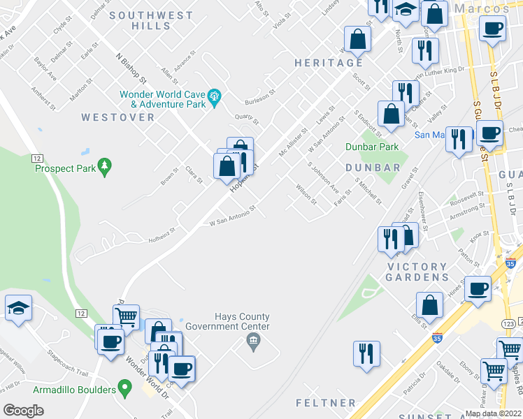 map of restaurants, bars, coffee shops, grocery stores, and more near 109 South Bishop Street in San Marcos