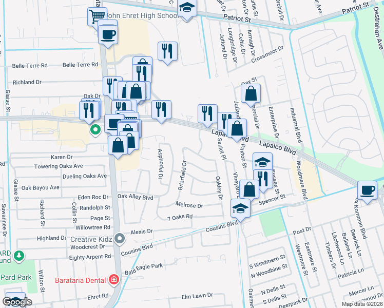 map of restaurants, bars, coffee shops, grocery stores, and more near 24 Gainswood Drive East in Marrero