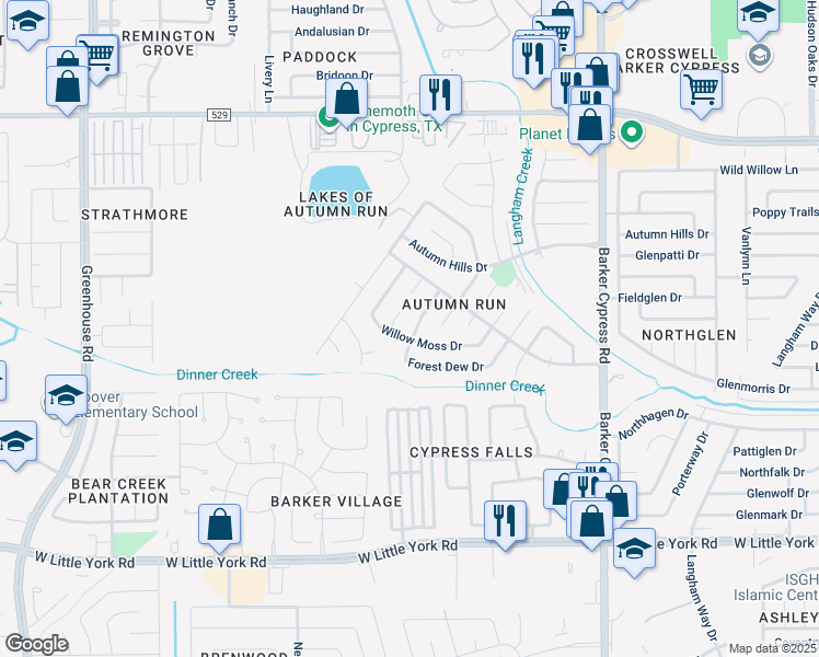 map of restaurants, bars, coffee shops, grocery stores, and more near 6607 Amberfield Lane in Katy