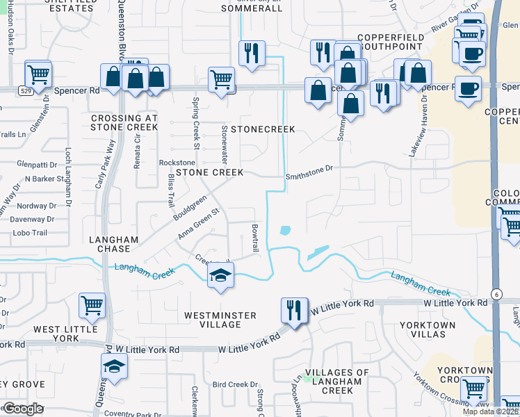 map of restaurants, bars, coffee shops, grocery stores, and more near 6514 Bowtrail in Houston