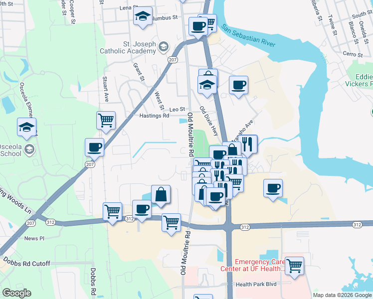 map of restaurants, bars, coffee shops, grocery stores, and more near 1625 Old Moultrie Road in St. Augustine
