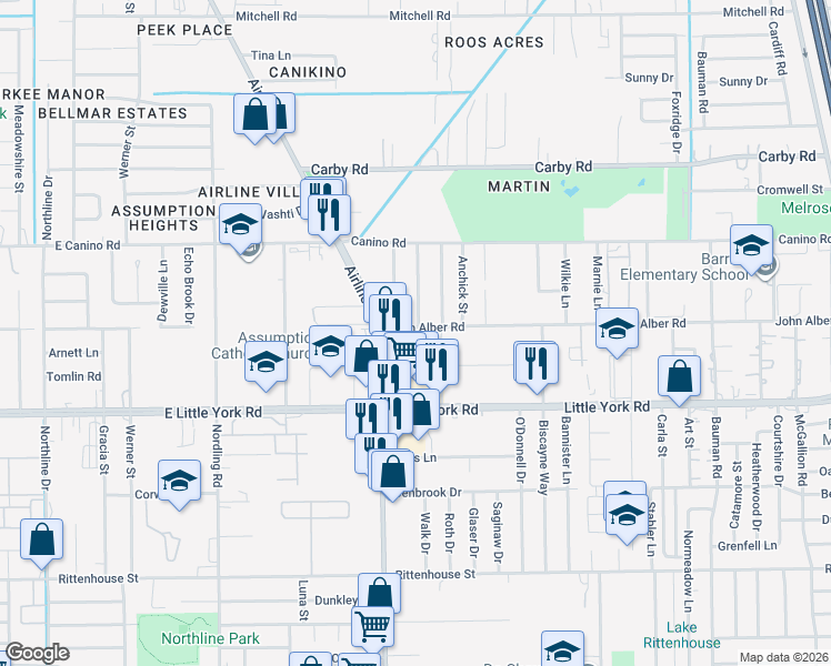 map of restaurants, bars, coffee shops, grocery stores, and more near 130 John Alber Road in Houston
