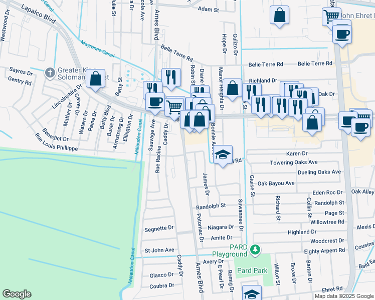 map of restaurants, bars, coffee shops, grocery stores, and more near 5559 Jordan Drive in Marrero