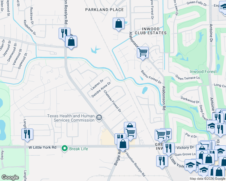 map of restaurants, bars, coffee shops, grocery stores, and more near 6359 French Chateau Drive in Houston