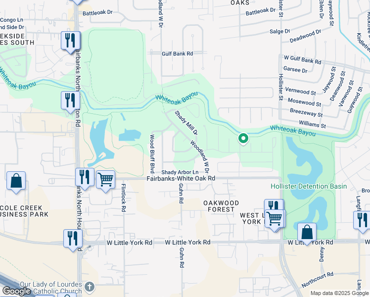 map of restaurants, bars, coffee shops, grocery stores, and more near 8102 Wood Canyon Drive in Houston