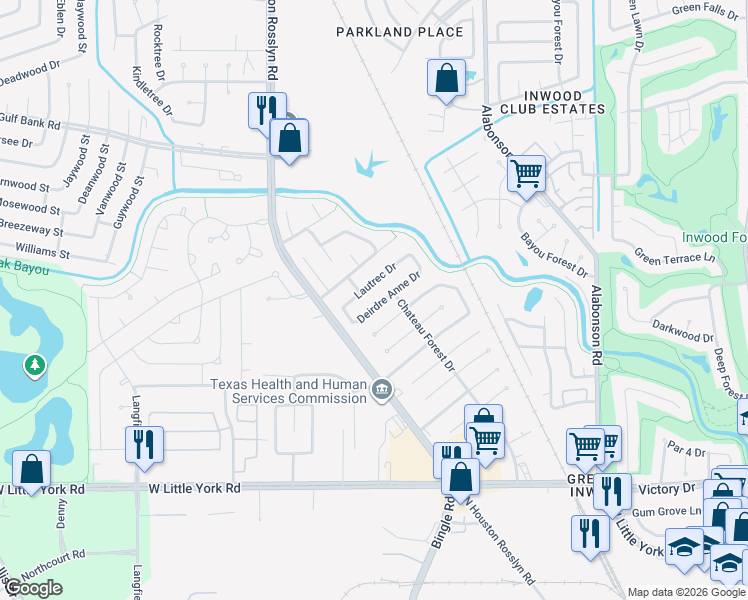 map of restaurants, bars, coffee shops, grocery stores, and more near 6418 Deirdre Anne Drive in Houston